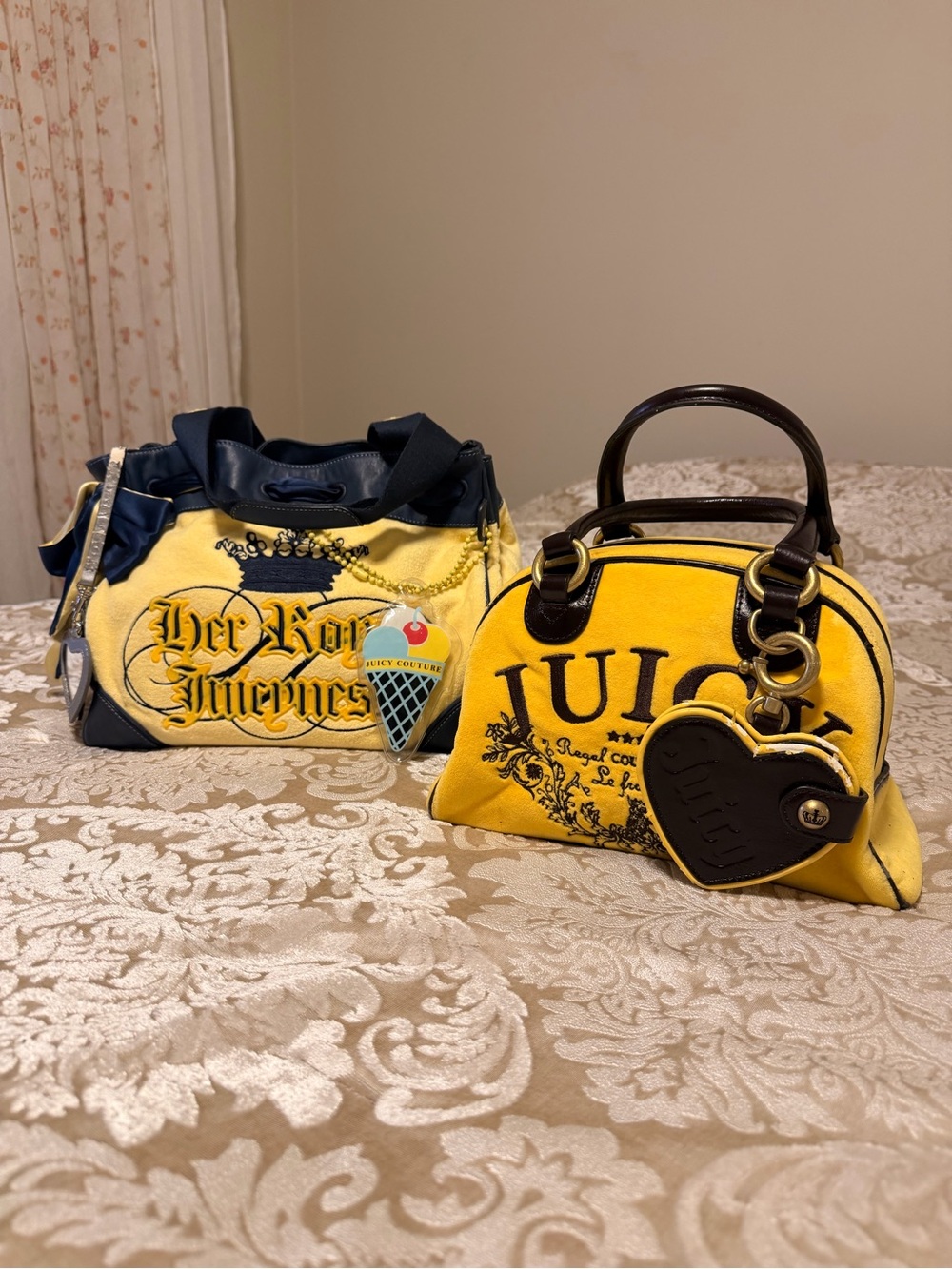 Juicy Couture Yellow Velvet Dome Satchel with Dark Brown Trim and Heart Charm - Picture 10 of 10